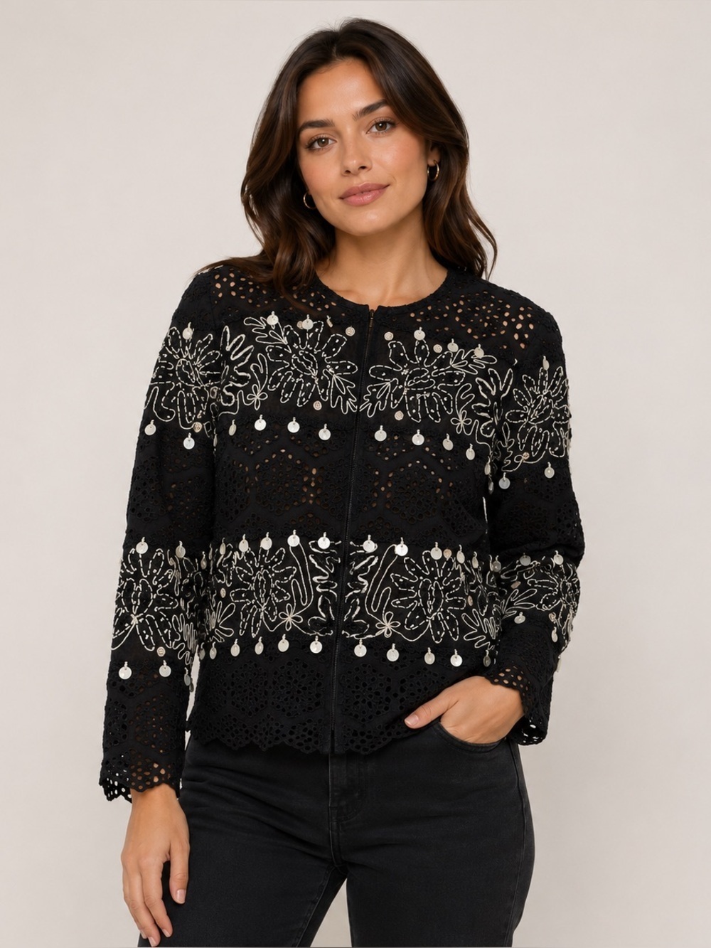 Anage Vintage Black Eyelet Embroidered Jacket w/ Shell Beads Small